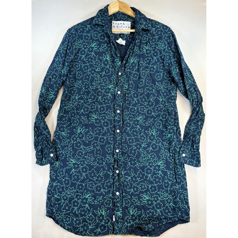 Frank & Eileen Mary Dress Womens S Navy Green Floral Italian Linen Shirt Dress